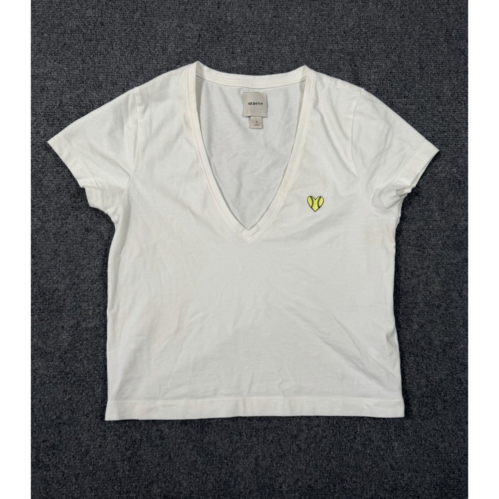 Maeve Anthropologie Women's Small White Tennis Heart V-Neck Cropped T-Shirt